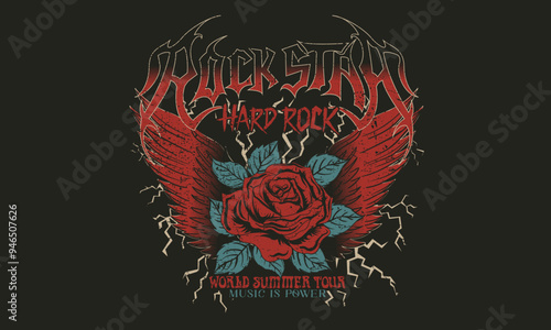 Hard rock logo design. Red rose flower artwork. World music tour poster. Rock star.	Rock and roll vector graphic print design for apparel, posters, background and others.