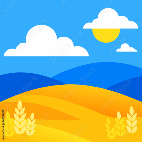 Ukrainian Steppe Sunset Wheat, Blue Sky & White Clouds - Vector Illustration