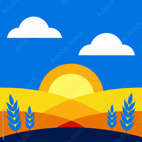 Ukrainian Steppe Sunset Wheat, Blue Sky & White Clouds - Vector Illustration