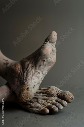 A close up of a person's feet covered in mud