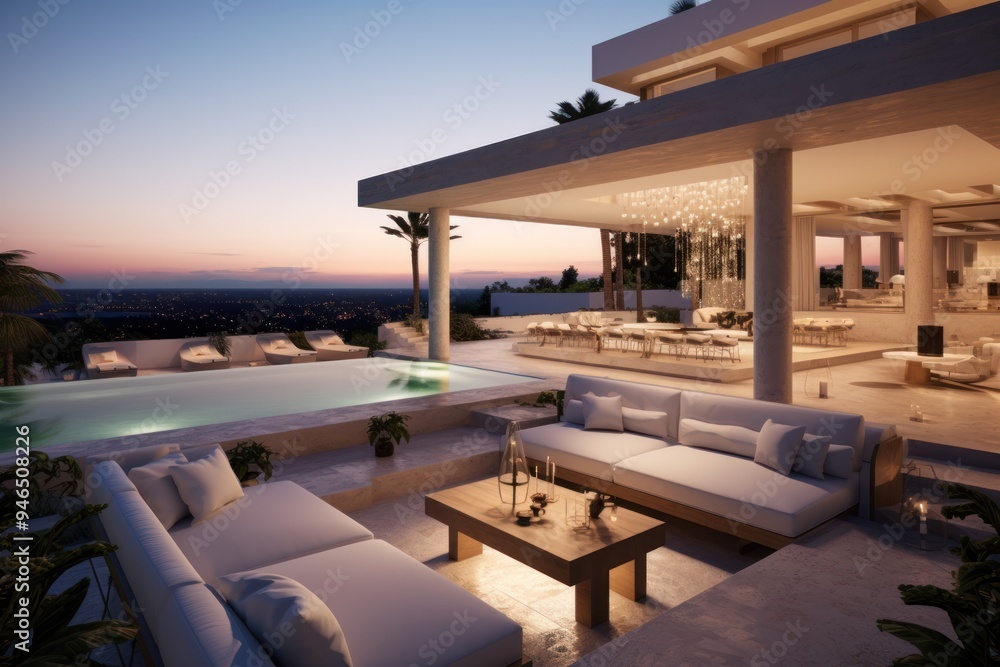 Fototapeta premium Stunning luxury villa with a spacious rooftop terrace, panoramic views