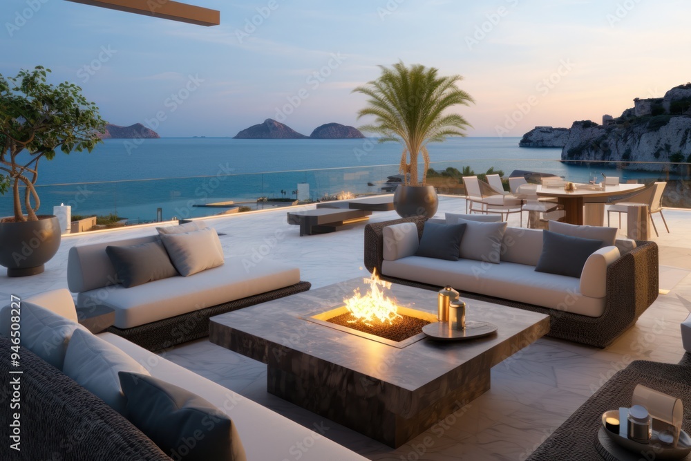 Fototapeta premium Stunning luxury villa with a spacious rooftop terrace, panoramic views