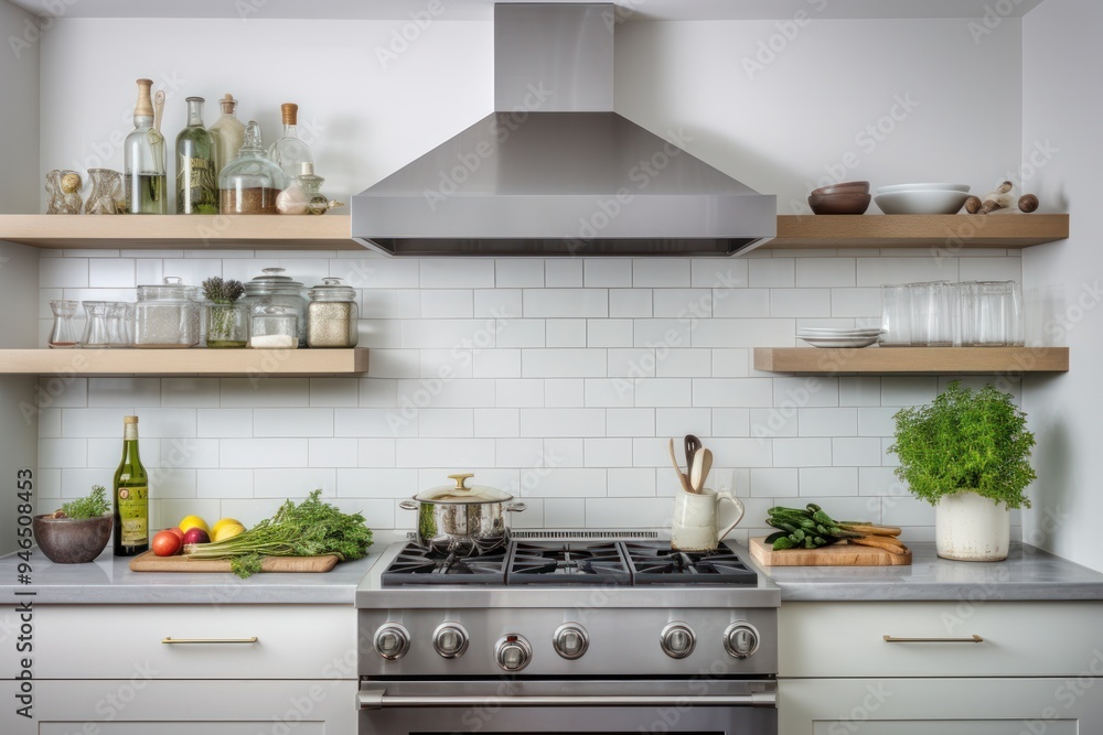 Stylish kitchen with a chic subway tile backsplash, open shelving displaying glass jars and decorative items Stylish kitchen with a chic subway tile backsplash, open shelving displaying glass jars and decorative items