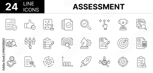 Collection of 24 assessment line icons featuring editable strokes. These outline icons depict various modes of assessment, inspecting, analysis, plan, evaluation, result, goal, 