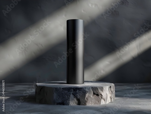 Matte Black Cylinder Showcased Against Dark Backdrop with Dramatic Lighting for Product Presentation