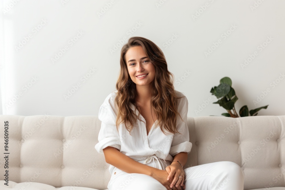 Young woman with long brown hair wearing a casual white shirt, smiling while holding a laptop in her lap Young woman with long brown hair wearing a casual white shirt, smiling while holding a laptop in her lap