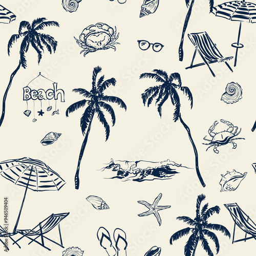 Vector beach accessories seamless pattern. Hand painted elements-palm, wave, shell, starfish, crab, umbrella and sunglasses isolated on beige background. For design, print, interior or background.
