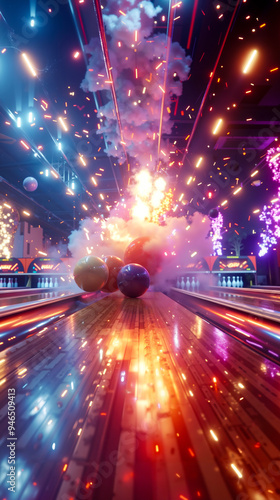 A bowling alley with bowling balls and fireworks in the background photo