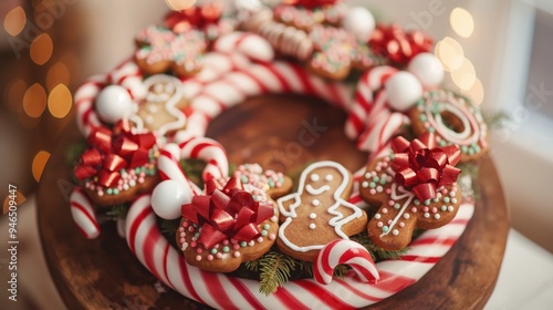 Festive Christmas Wreath with Candy Canes, Gingerbread Cookies, and Red Bows for Holiday Decoration