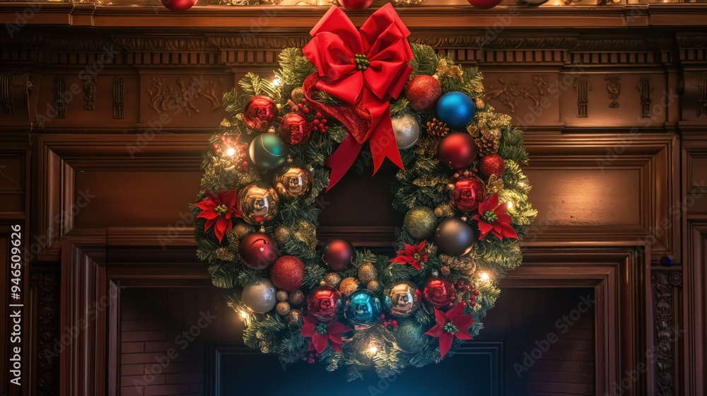 Festive Christmas Wreath with Red Bow and Ornaments Hanging on Wooden Mantelpiece Festive Christmas Wreath with Red Bow and Ornaments Hanging on Wooden Mantelpiece
