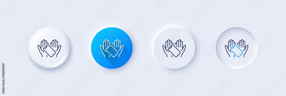 Smartphone holding line icon. Neumorphic, Blue gradient, 3d pin buttons. Phone sign. Mobile device symbol. Line icons. Neumorphic buttons with outline signs. Vector Smartphone holding line icon. Neumorphic, Blue gradient, 3d pin buttons. Phone sign. Mobile device symbol. Line icons. Neumorphic buttons with outline signs. Vector