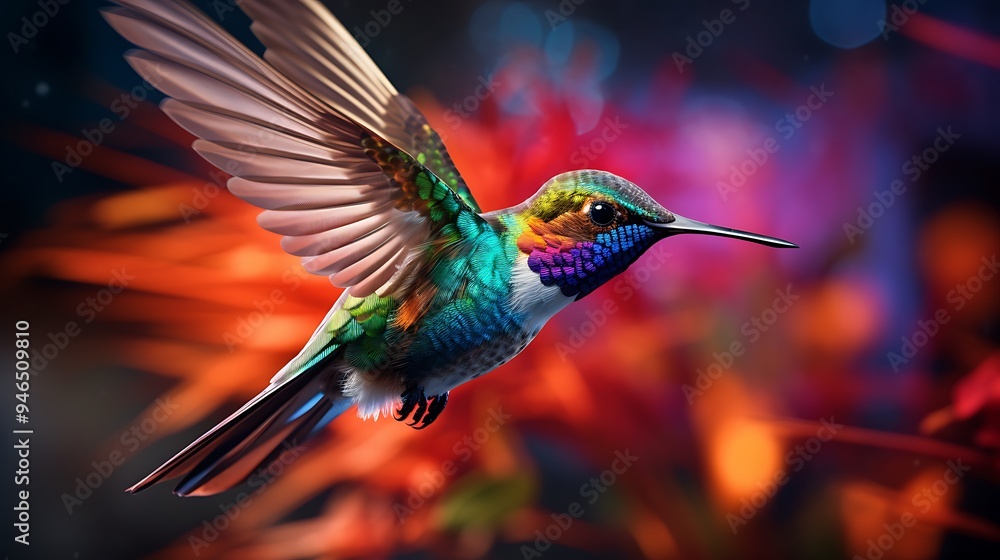 A captivating image showcasing a hummingbird in flight, highlighting the intricate details of its feathers and the vibrant colors in breathtaking A captivating image showcasing a hummingbird in flight, highlighting the intricate details of its feathers and the vibrant colors in breathtaking