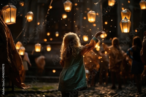 Group of children are happily walking through a path in an autumnal park at twilight, holding lanterns to celebrate saint martin's day photo