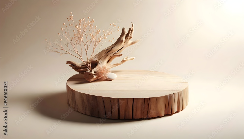 a wooden product podium with style of a driftwood, and tree trunk, on a clean light beige background a wooden product podium with style of a driftwood, and tree trunk, on a clean light beige background