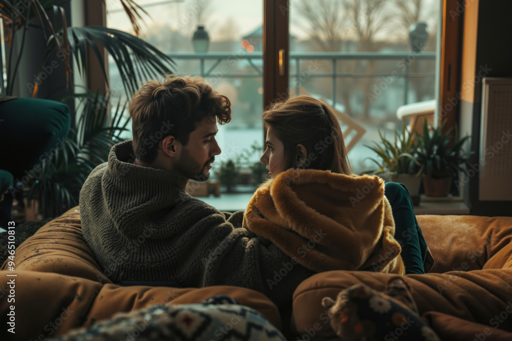 A man and a woman sitting on a couch looking at each other A man and a woman sitting on a couch looking at each other