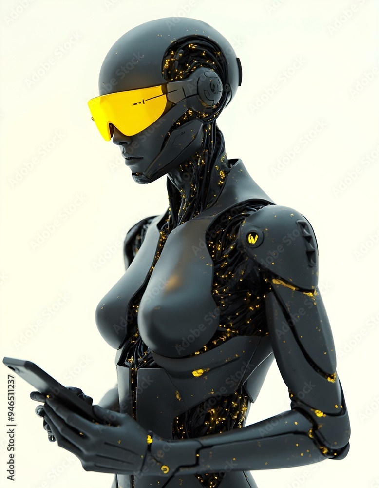 cyborg with phone, robot holding smartphone in hand, white background