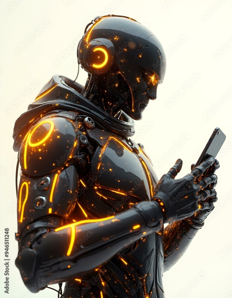 cyborg with phone, robot holding smartphone in hand, white background cyborg with phone, robot holding smartphone in hand, white background