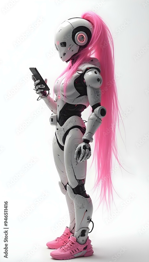 cyborg with phone, robot holding smartphone in hand, white background cyborg with phone, robot holding smartphone in hand, white background