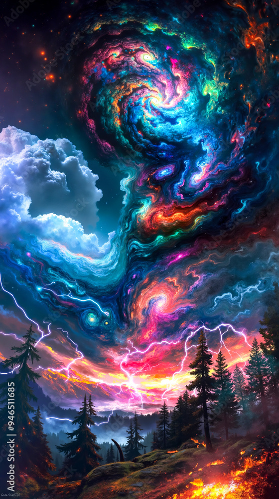 A colorful nebula with a fire in the middle of it