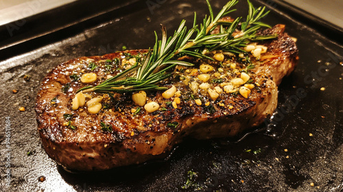 Grilled steak seasoned with fresh herbs and spices is perfect. photo