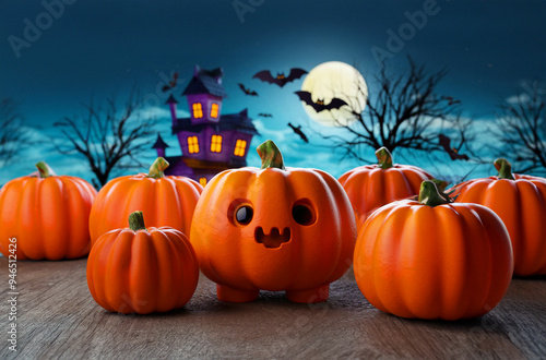 The image features a group of cute, carved pumpkins gathered together in a festive Halloween scene. The central pumpkin has a cheerful, smiling face, and is surrounded by other pumpkins of various siz photo