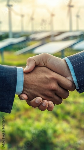 A business handshake in front of a backdrop of solar farms and wind turbines, symbolizing a green energy partnership