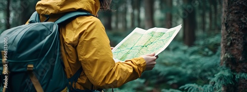 Wallpaper Mural Close-up of a hiker looking at a map in a forest, wearing a yellow rain jacket and backpack, holding a paper map with green trails. Realistic photography, cinematic grading. Torontodigital.ca