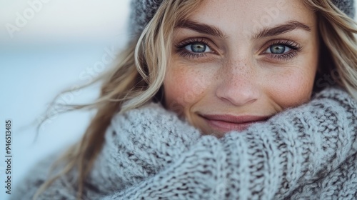 A close-up portrait showcasing a woman with a serene expression, wearing warm winter clothing including a chunky knitted sweater and hat, highlighting her natural beauty in a snowy setting.