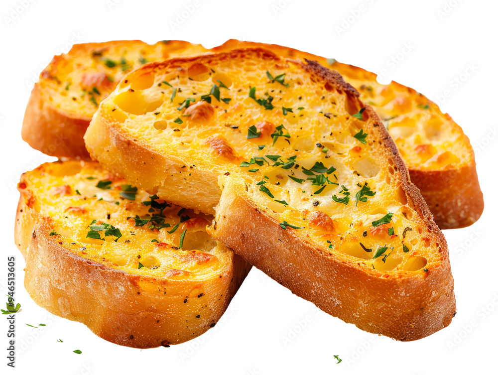 Close-up of delicious and crispy garlic bread slices garnished with parsley, perfect for an appetizer or side dish. Close-up of delicious and crispy garlic bread slices garnished with parsley, perfect for an appetizer or side dish.
