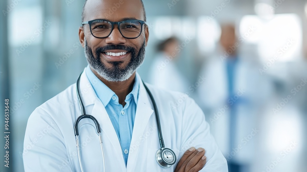 An experienced doctor smiling warmly, wearing a white coat and a stethoscope around his neck, positioned in a modern medical facility, showcasing professionalism and care. An experienced doctor smiling warmly, wearing a white coat and a stethoscope around his neck, positioned in a modern medical facility, showcasing professionalism and care.
