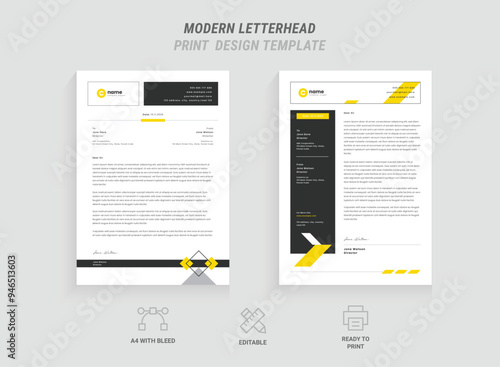 Clean and Professional Corporate Letterhead Layout, Yellow and White Design, Minimal Abstract Business Letterhead Template, Company Stationery Bundle, Modern Layout with Yellow Accents