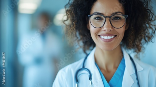 A friendly woman doctor smiling confidently while standing in a hospital setting. Dressed in a white coat and blue scrubs, she embodies professionalism and warmth.