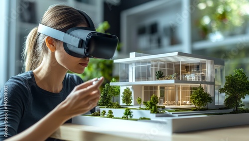 A person wearing a virtual reality headset and augmented reality glasses, holding a 3d model of a modern house while working on an architectural project using futuristic technology for home design
