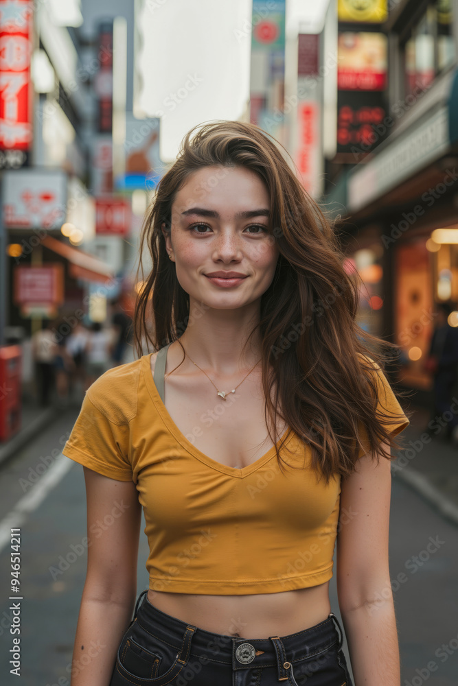 A woman standing in the middle of a city street A woman standing in the middle of a city street