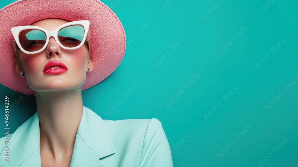 A woman models a fashionable pink hat and mint green suit with a green backdrop, contrasting colors create a vibrant and eclectic fashion statement with contemporary style. A woman models a fashionable pink hat and mint green suit with a green backdrop, contrasting colors create a vibrant and eclectic fashion statement with contemporary style.
