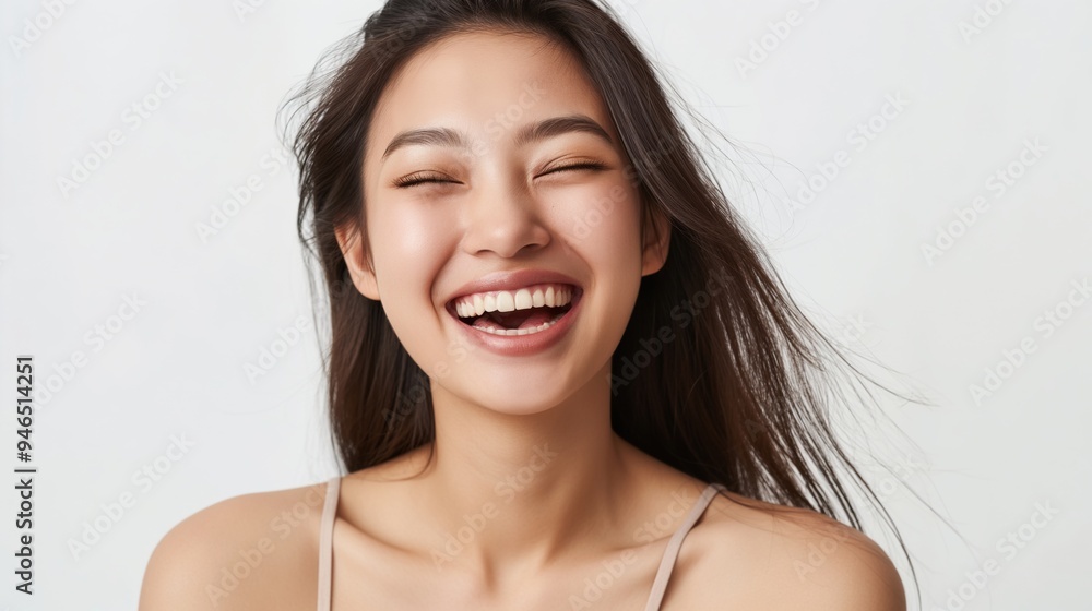 Asian woman with long hair, smiling and laughing heartily against a white background. Asian woman with long hair, smiling and laughing heartily against a white background.