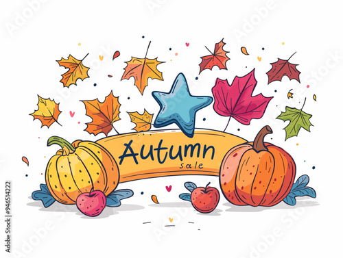 Autumn sale card with pumpkins and leaves. Hand drawn vector illustration photo