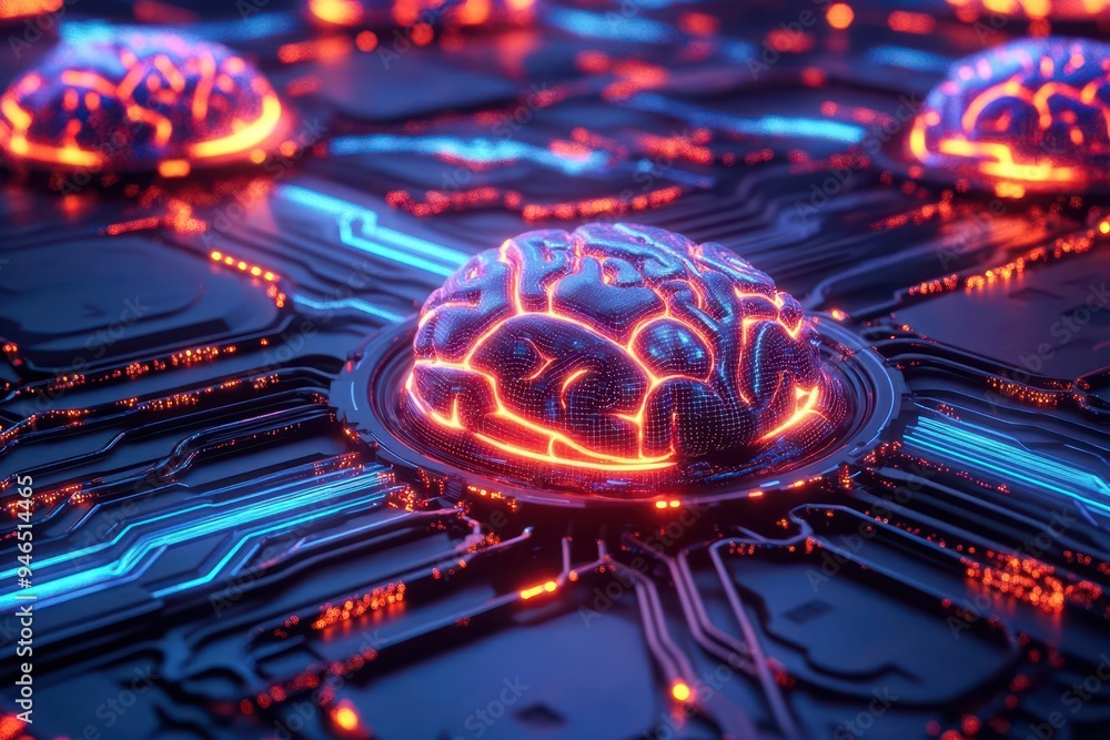 Futuristic glowing neural network circuitry with brain-like structures, representing artificial intelligence and advanced technology. Futuristic glowing neural network circuitry with brain-like structures, representing artificial intelligence and advanced technology.
