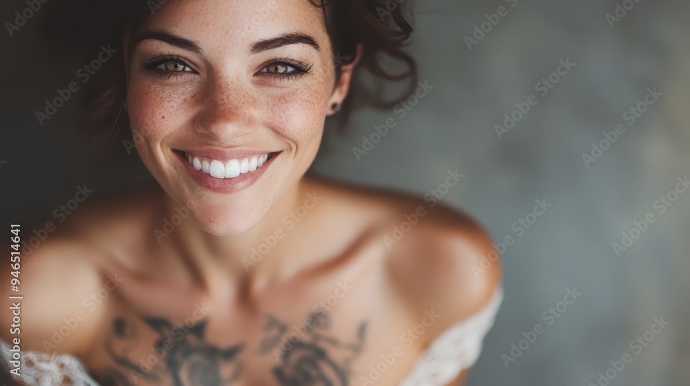 A woman with intricate tattoos beams a joyful smile, framed in a serene and casual setting, capturing a moment of genuine happiness and artistic expression. A woman with intricate tattoos beams a joyful smile, framed in a serene and casual setting, capturing a moment of genuine happiness and artistic expression.