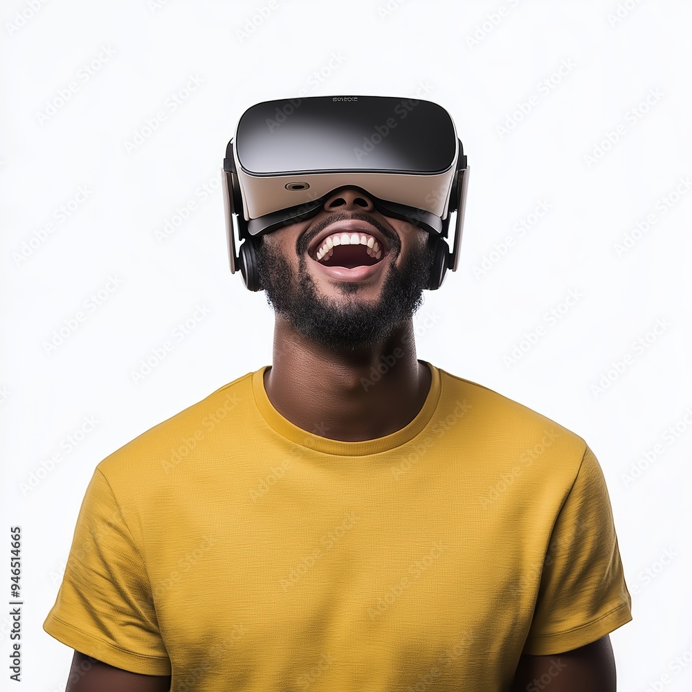Amazed man experiencing virtual reality with a VR headset on the head Amazed man experiencing virtual reality with a VR headset on the head