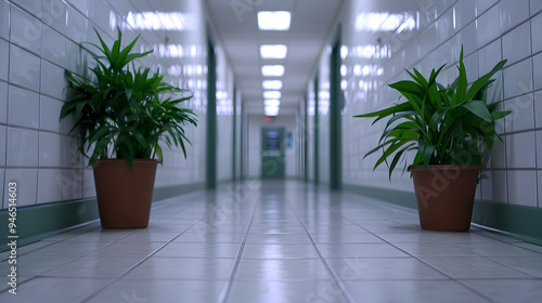long hallway with white walls and tiled floors