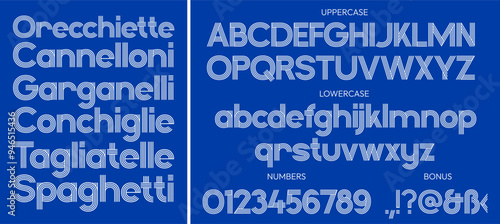 An alphabet of parallel lines. High-quality typographic font in upper and lower case, with numbers. Suitable for advertising spaghetti, pasta