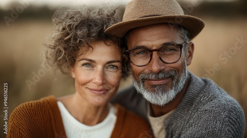 An older couple stands in a field, both smiling with genuine happiness and contentment, their mature love and companionship highlighted by their closeness and warmth.