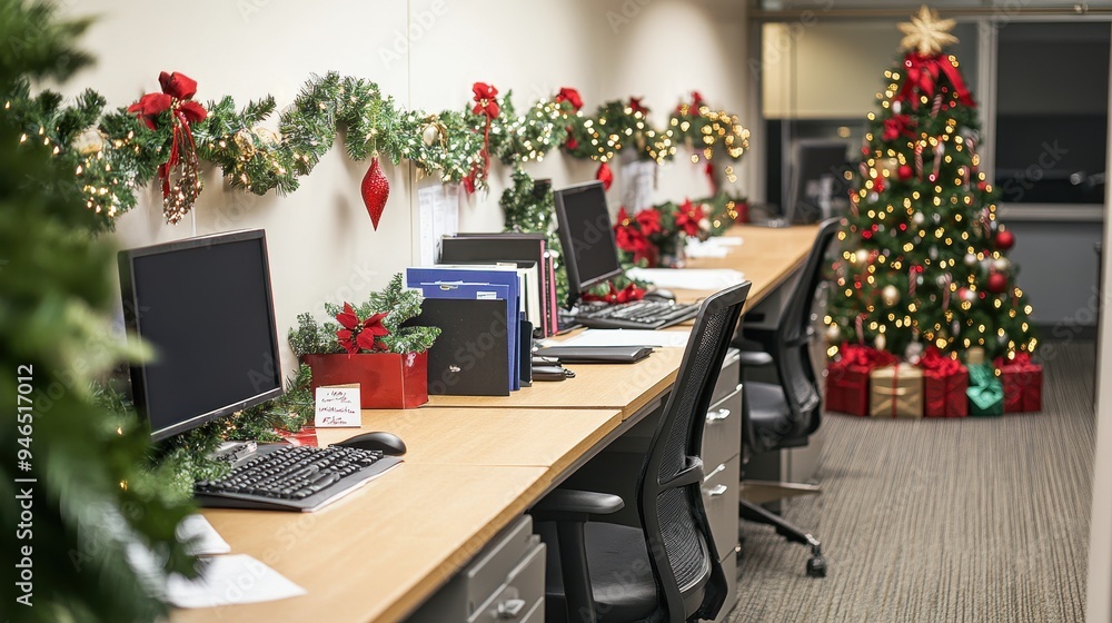 The office is adorned with festive decorations, including a Christmas tree and garlands, bringing holiday joy to the workspace The office is adorned with festive decorations, including a Christmas tree and garlands, bringing holiday joy to the workspace