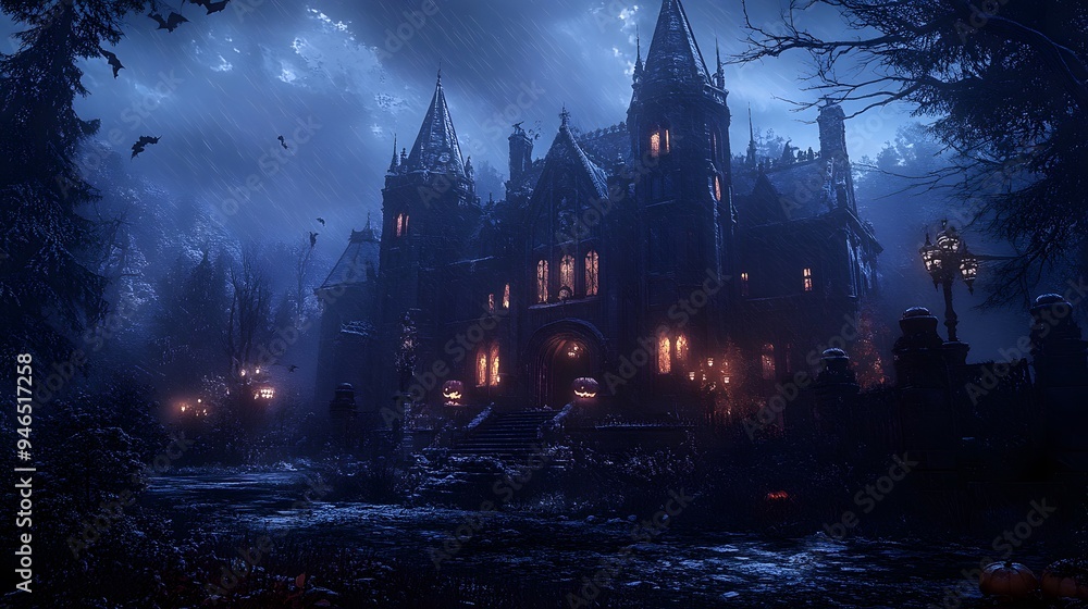 Fototapeta premium A misty night scene featuring a dark gothic mansion with glowing windows and detailed Halloween dÃ©cor enhancing its eerie allure