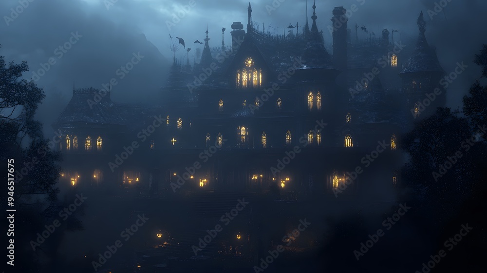 A gothic mansion with glowing windows and intricate Halloween decorations highlighted by high contrast lighting in a misty setting A gothic mansion with glowing windows and intricate Halloween decorations highlighted by high contrast lighting in a misty setting