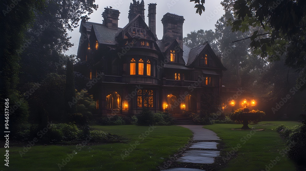 A dark mansion with elaborate gothic architecture glowing Halloween decorations and a misty atmosphere enhancing its eerie vibe A dark mansion with elaborate gothic architecture glowing Halloween decorations and a misty atmosphere enhancing its eerie vibe