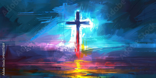 A cross illuminated against an abstract, ethereal background, symbolizing the Christian faith in Jesus Christ.