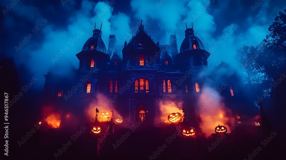 A dark gothic mansion with high contrast lighting and elaborate Halloween decorations glowing in a thick misty atmosphere A dark gothic mansion with high contrast lighting and elaborate Halloween decorations glowing in a thick misty atmosphere