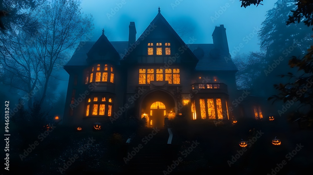 A gothic mansion with high contrast lighting glowing windows and elaborate Halloween decorations surrounded by a misty atmosphere A gothic mansion with high contrast lighting glowing windows and elaborate Halloween decorations surrounded by a misty atmosphere